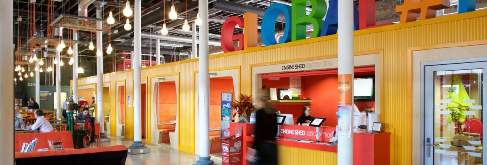 A photograph of the brightly coloured reception area of the engine shed.
